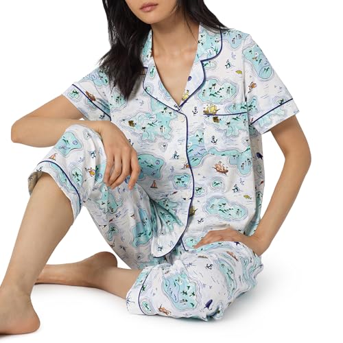 Image of Bed Head PJs Womens Matching Pajamas - Soft Organic Cotton Button Down PJ Shirt & Cropped Pants Set - Loungewear & Sleepwear