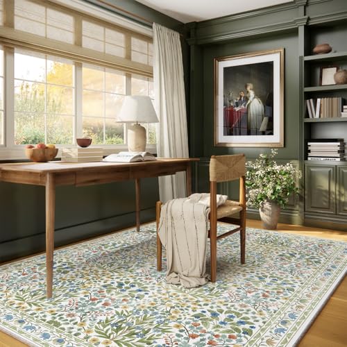 Image of Light Green 5x7 Area Rug - Vintage Floral Washable Bedroom Rug for Living Room, Nursery, Dining Room - Low Pile, Non-Slip, Stain Resistant, Retro Indoor Floor Rug