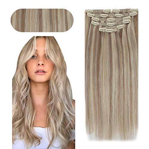 Sunny Clip in Hair Extensions Human Hair 12 inch Double Weft Human Hair Clip in Extensions Ash Blonde Highlights Blonde Clip in Hair Full Head 5pcs 70g