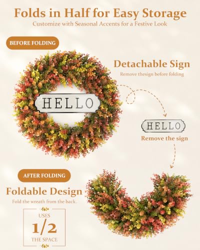 Image of DDHS 20 inch Fall Wreath for Front Door,Artificial Boxwood Wreath-Hello Sign