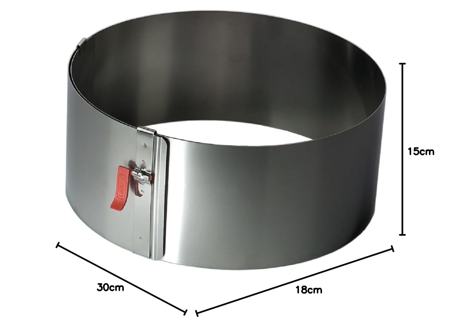 Lares Anillo para tartas ajustable con palanca de sujeción de acero inoxidable | Escala de 18 – 30 cm | Fabricado en Alemania | 15 cm de alto | Anillo redondo ajustable para tartas | Apto para