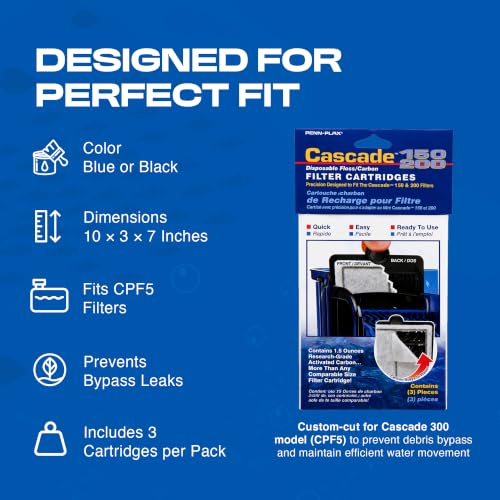 Image of Penn-Plax Cascade 300 GPH Hang On Filter Replacement Media, 3 Pack - Dual-Sided Aquarium Filter Cartridge with Activated Carbon & Poly-Fiber Floss for CPF5 -Fresh & Saltwater - Blue & Black, 10x3x7in