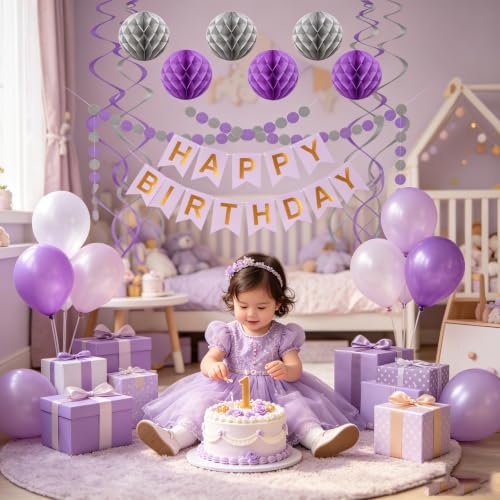 Image of Purple Silver Birthday Decorations, Happy Birthday Banner with Honeycomb Balls, Circle Dot Garland and Hanging Swirl Decorations for Women Men Boys Girls (Purple Silver)