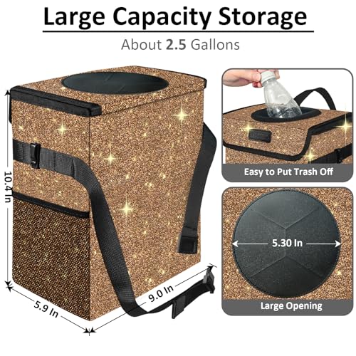 Image of Cute Mini Car Trash Bag with Lid, Glitter Garbage Can Bin Hanging for Back /Front Seat /Console, Waterproof, Leakproof, 2.5 Gallon, Brown Bling Sparkly