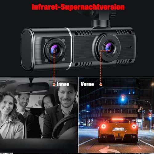 Volam 3 Kanal Dashcam Auto Vorne Hinten und Innen mit Akku, 1080P Dash Cam mit Auto Kamera Parküberwachung, Infrarot Nachtsicht WDR, G Sensor, 170° Weitwinkel Dash Camera mit Rückfahrkamera – Bild 6