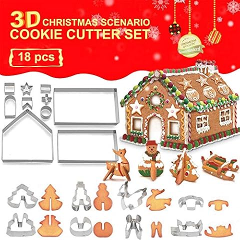 3D Christmas House Cookie Cutter Set,LANSKYWARE 18 Piece House Cutters Kit, Stainless Steel Biscuit Cutter Mold Set,Including Christmas Tree, Snowman, Reindeer, Sled Shapes, Gift Box Package Cover