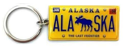 Alaska License Plate Key Ring Keychain Yellow Moose