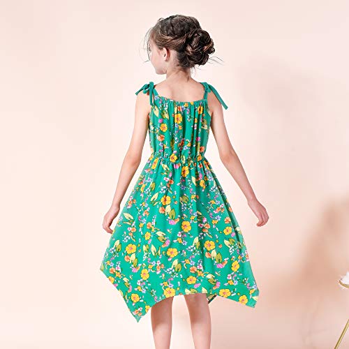Sunny Fashion Girls Dress Green Flower Asymmetrical Hem Skirt Tank Dress3
