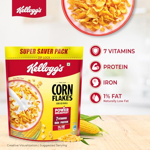 Image of Kellogg's Corn Flakes Original | Power of 5: Energy, Protein, Iron, Vitamins B1, B2, B3 & C| Corn Flakes, Breakfast Cereal | Naturally Cholestrol Free875g /900g(Weight may vary)