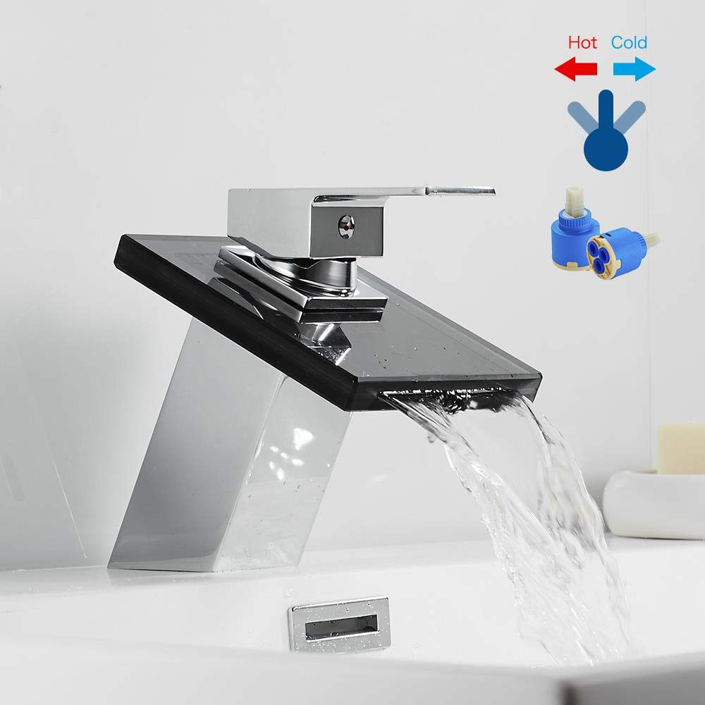 Wasserhahn aus Messing mit Glaswaschtisch-Kaskaden-Mischbatterie für Aufsatzwaschbecken, elegantes Badezimmer-Upgrade, schlankes Design für moderne Räume