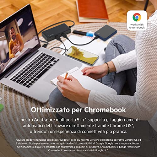 Belkin Adattatore hub multiporta 5 in 1 ottimizzato per Chromebook con porta HDMI 4K a 60 Hz, USB-C Power Delivery da 86 W, Gigabit Ethernet, 2 USB-A Gen 1, design ridotto, portatile e compatto - Immagine 1