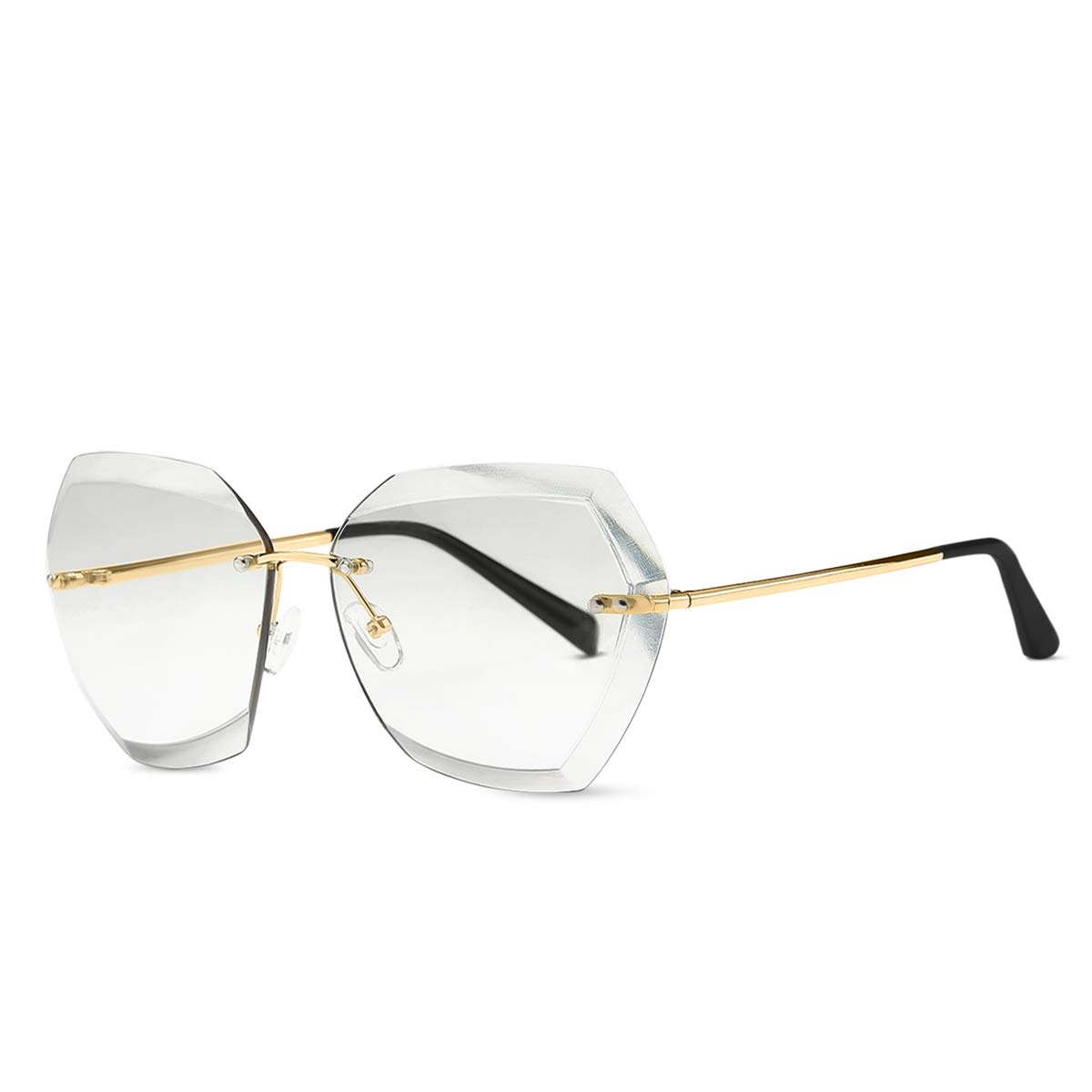 LumiSyne Rimless Sunglasses Oversized For Women Transparent Gradient Glasses Diamond Cutting Lens Metal Frame UV400 Eyewear With Sunglasses Case