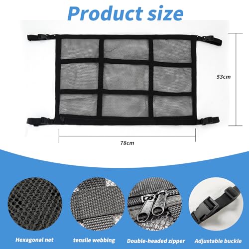 Gepäcknetz Auto Dachhimmel, 80x52cm Universal Doppelschicht Autodach Gepäcknetz Decke mit Reißverschluss, Auto Netz für Vier Dach Armlehnen auf Autos, Jeeps, Van, SUV, Aufbewahrung für Decken