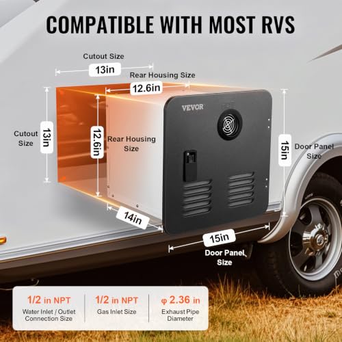 Image of VEVOR RV Tankless Water Heater 55000 BTU with 15 x 15 in Black Access Door | for RV Families and Everyday Travel, with Remote Controller for On-Demand Hot Water during Showers, Washing and Daily Use