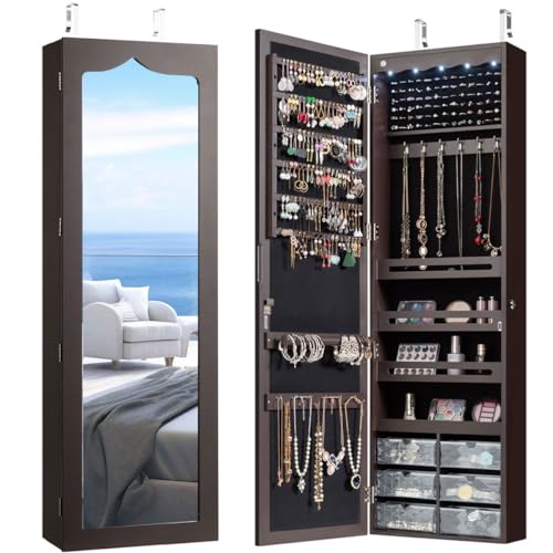 CHARMAID 5 LEDs Jewelry Armoire Wall Mounted/Door Hanging Mirror, Lockable Jewelry Cabinet with Full Length Mirror and 6 Drawers, Large Capacity Jewelry Organizer Storage Box for Women Girls (Brown)