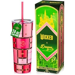 Dragon Glassware x Wicked Stainless Steel Tumbler with Straw, 24oz - Glinda | Vacuum Insulated Wicked Cup with Lid & Straw For Water & Iced Tea; Official Wicked Merch