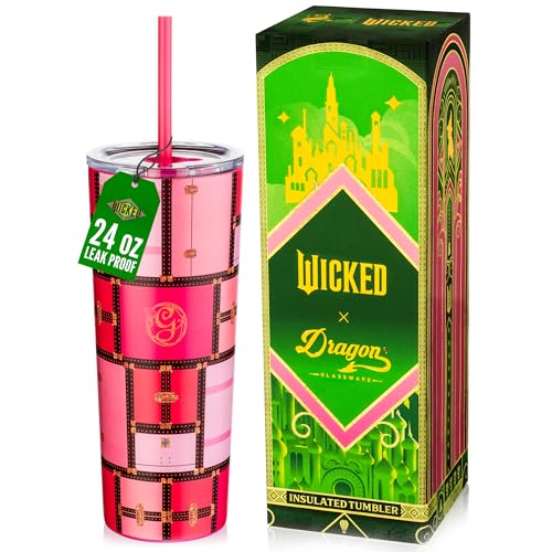 Dragon Glassware x WICKED Vacuum Insulated Tumbler with Lid and Straw - 24 oz Tumbler Cup with 2 Straws - Stainless Steel Tumbler with Straw for Water, Iced Tea - Wicked Glinda Tumbler