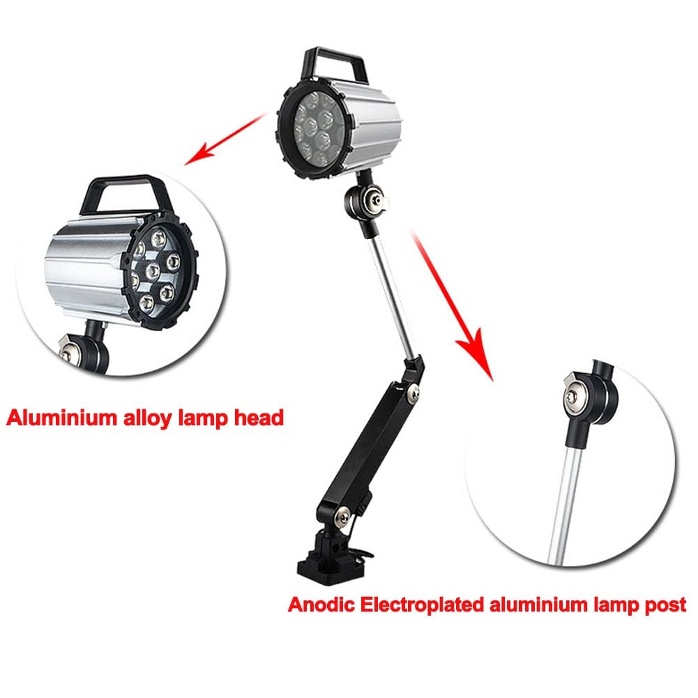 Światło LED do maszyn, światło robocze z ramienia teleskopowego stopu aluminium, regulowany kąt, 24 V-220 V, do oświetlenia przemysłowego frezarki(12W/220V extra long arm)