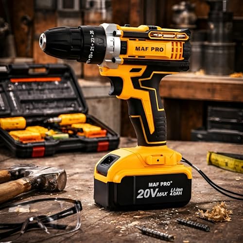 Image of MAF PRO CIDLI2020-2 Cordless 20V 4.0Ah Li-Ion High Torque Power Drill with 10mm Keyless Chuck, Variable Speed, LED Light & 2 Batteries + Charger & Drill Bits