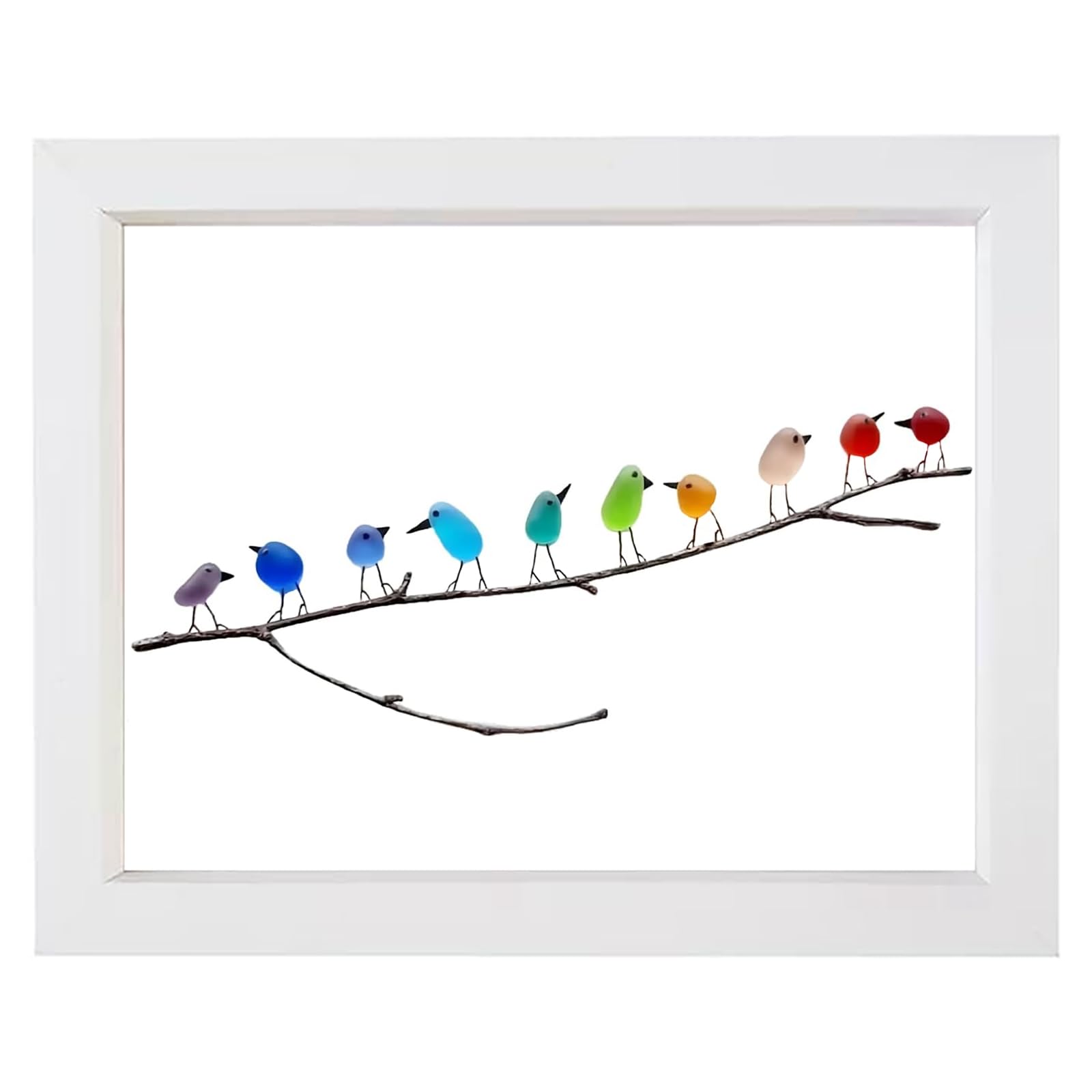ABPWO Sea Glass Art, Rainbow Birds on Branch, Glass Pictures Wall Art, Sea Glass Decor, Housewarmings, Birthday & Wedding Gifts, Handmade, 10 Birds, White Frame