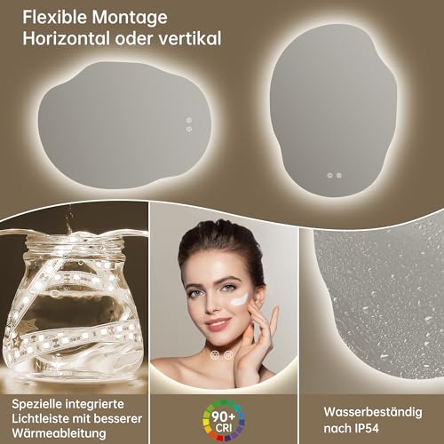 OUMUSU Spiegel mit Beleuchtung Asymmetrischer LED Badspiegel 56 x 76 cm mit Touch-Schalter, Dimmbar 3 Lichtfarbe Einstellbare, Beschlagfrei Badezimmerspiegel mit Beleuchtung, Bruchsicher 6