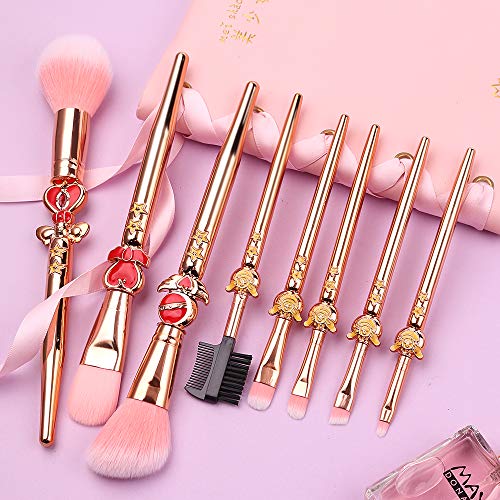 Sailor Moon Makeup Brushes Set - 8pcs Plastic Handle Cosmetic Makeup Brush Set Professional Tool Kit Set Pink Drawstring Bag Included (Rose Gold-2)