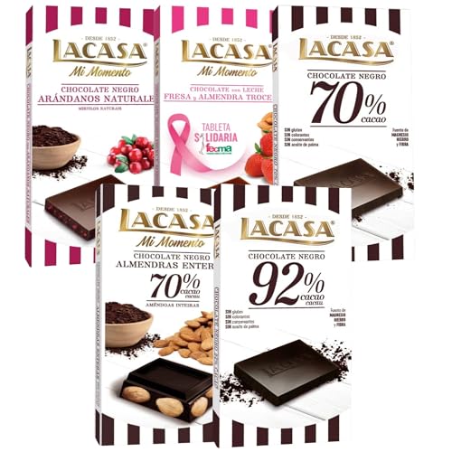 Pack Lacasa 5 deliciosas tabletas de chocolate de distintos sabores y tamaños: arandanos , leche fresa y almendra ,negro ,cacao 92% , almendra 200g