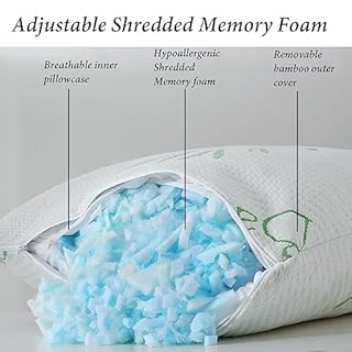 HOXXME Shredded Memory Foam Pillows for Sleeping, Cooling Bamboo Memory Foam Bed Pillow 2 Pack, Queen Size Firm Pillow Gel for Neck Support, Hotel Quality Bed Rest Pillow(Queen Set of 2)