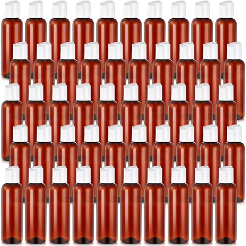 Mimorou 50 Pcs Plastic Amber Squeeze Bottle, Hinged Lid, 4oz, Brown/white