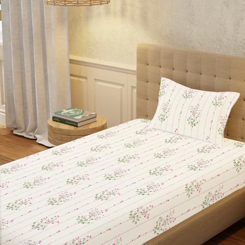 Image of Urban Space Serene 100% Cotton 200 TC Printed Bedsheet for Single Bed with 1 Pillow Cover (Size 58 x 90 inches, Sedum Pink)