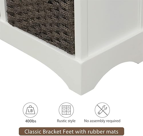 Miniatura 34 de Armario de almacenamiento rústico con dos cajones y cuatro cestas clásicas de ratán, mesa de consola de entrada de granja, mesa de sofá para sala de