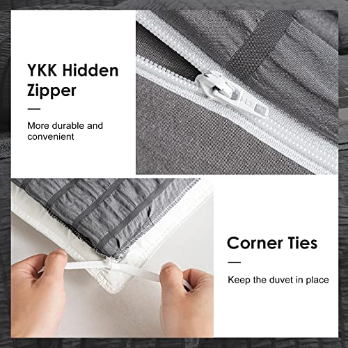 Warmdern Duvet Cover Set Queen Size, 3Pcs Washed Microfiber Grey Bedding Set, Soft Breathable Striped Textured Seersucker Duvet Cover With Zipper Closure & Corner Ties(Grey, Queen) #TOP4