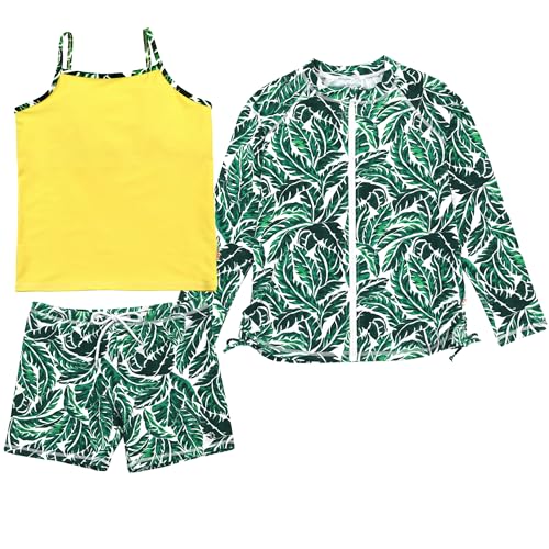 Image of SwimZip Girls' 3 Pc Swim Set w /Long Sleeve Rash Guard, Tankini & Shorts UPF 50+
