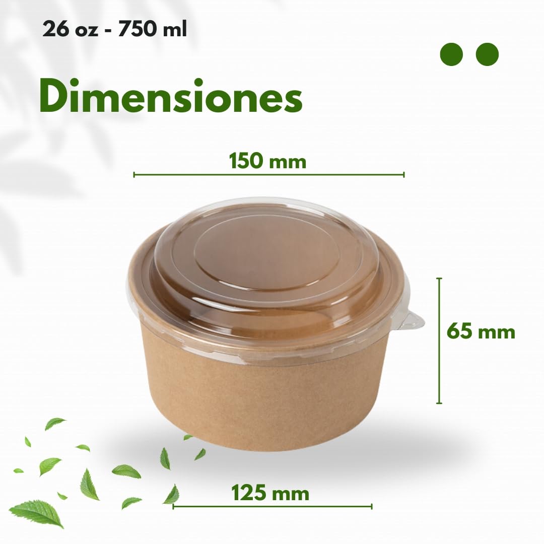 Tazón desechable de Ensalada y Sopa marrón kraft Redondo 750 ml con tapa PET