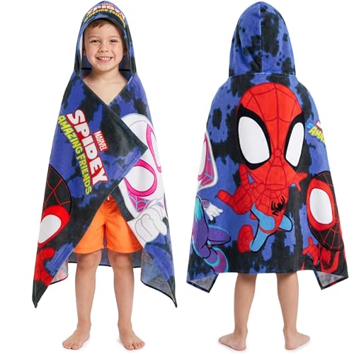 Marvel Spidey And His Amazing Friends Bath Towels With Hood For Boys Soft Absorbent Cotton Beach Towels Swimming Pool Hooded Poncho For Kids Superhero Gifts For Boys Ages 2-6 (Multi Spidey)