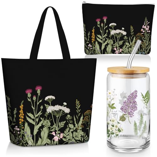 FoldTier 3 Pcs Plant Lover Gift for Women, Spring Aesthetic Gift for End of Year Teacher, Floral Canvas Tote Bag, 16 oz Coffee Cup with Straw Lid, Makeup Bag for Mother Birthday(White,Flower)