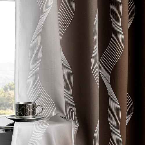 Image of MYSKY HOME Brown and Greyish White 95% Blackout Ombre Short Curtains 54 inch Length 2 Panels Thermal Insulated Black Out Wave Line Foil Print Gradient Drapes for Office Classroom, Wide 52 inch Each Panel