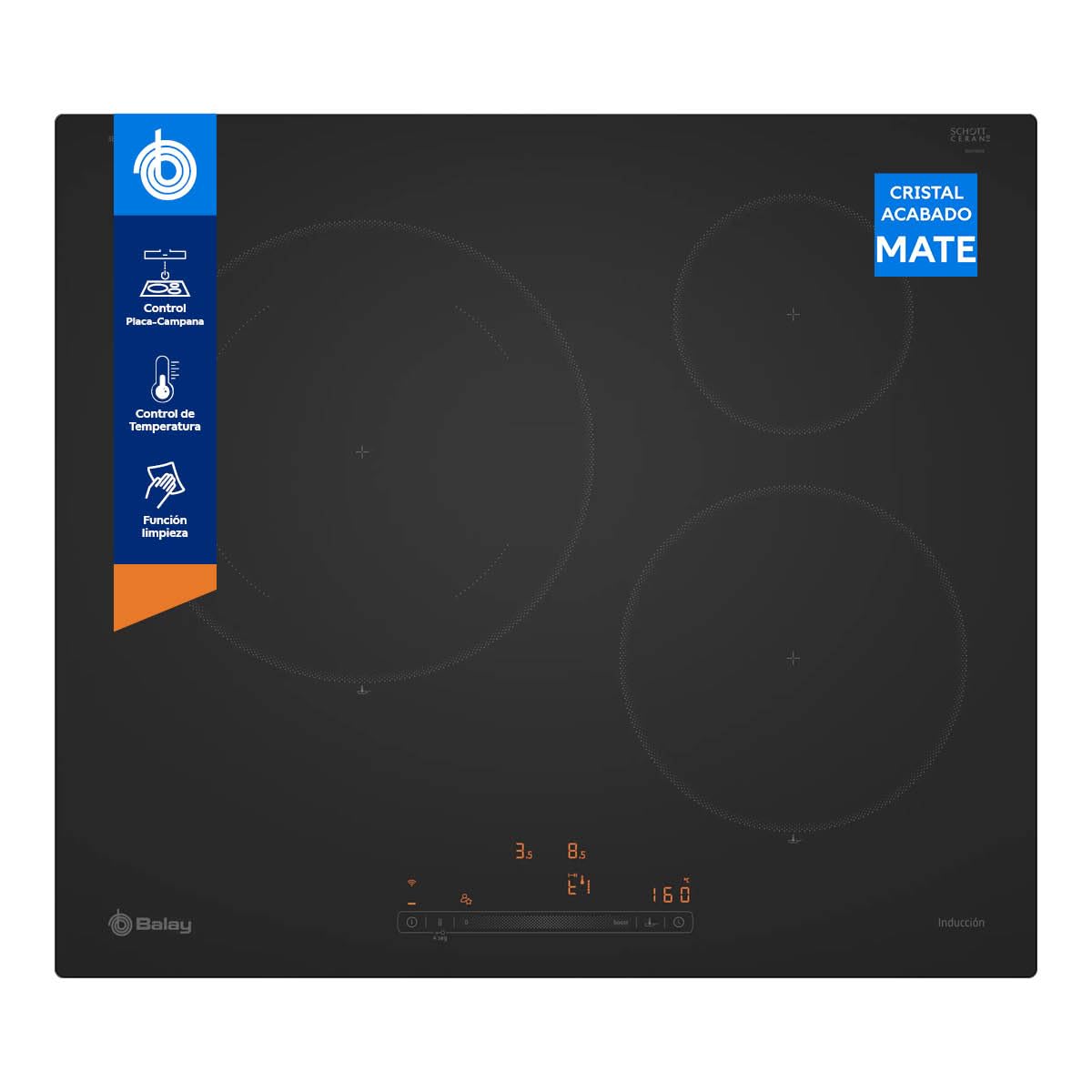 Balay - Placa de inducción, 3 zonas de cocción, Control deslizante, Home Connect, Negro Mate, 3EB965MH