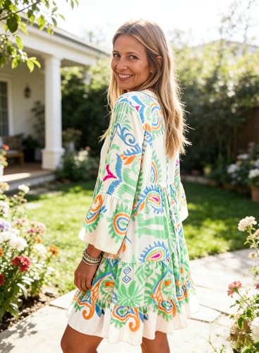 Image of miduo Womens Summer Dress Casual V Neck Buttoned 3 /4 Sleeve Bohemian Tribal Print Flowy Mini Dresses