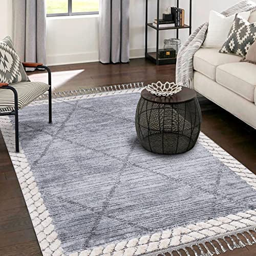 payé Teppich Wohnzimmer - Abstrak Raute - 120x170cm - Creme Grau Blau - Fransen Deko Boho Flauschig - Cut & Loop Sisal - Schlafzimmer Flur Dekoration Läufer