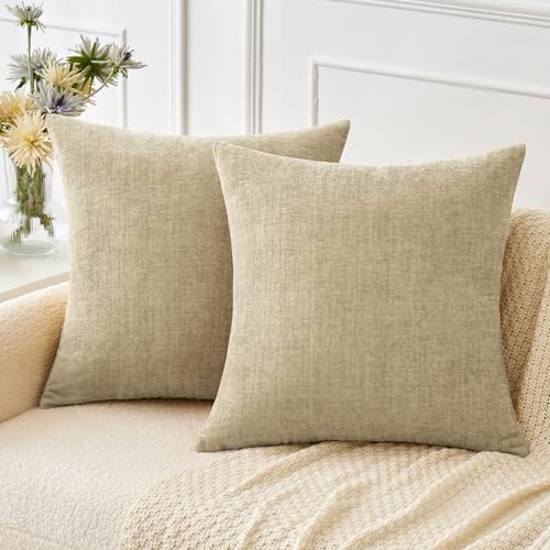 Image of MIULEE Pack of 2 Beige Throw Pillow Covers 20x20 Inch Soft Chenille Pillow Covers for Sofa Living Room Spring Home Decor Couch Solid Dyed Cases