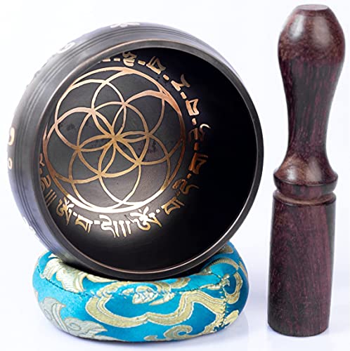Tibetan Singing Bowl Set - Easy To Play For Beginners - Authentic Handcrafted Mindfulness Meditation Holistic Sound 7 Chakra Healing Gift By Himalayan Bazaar (Black Without Bag) #TOP6