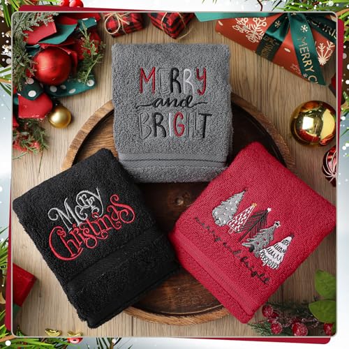 Hillsuren 3 Pcs Neutral Merry Christmas Hand Towels Xmas Trees Embroidered Decorative Bathroom Towels for Bathroom Kitchen Winter Set, 100% Cotton, 13.3 x 29.5'' by Hillsuren - Image 2