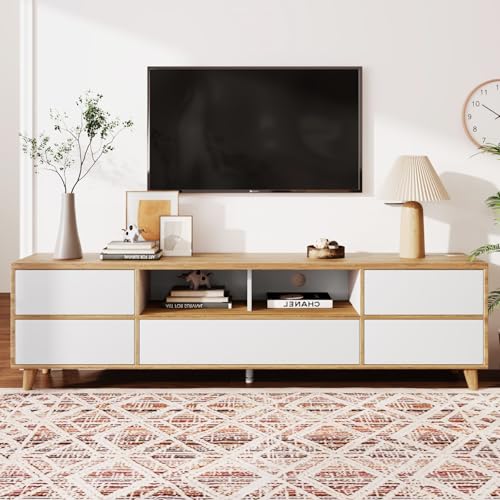 PUGSDRLY Meuble TV avec Rangement,5 Portes et 8 Compartiments,Meuble TV Bas,Design élégant et Moderne,Pieds en Bois,Blanc et Couleurs de Bois Originales...