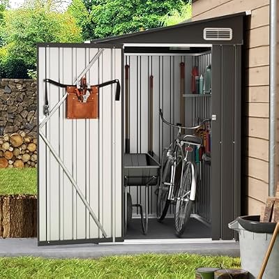 4x6 Lean to Yard Storage Shed, Outdoor Metal Wall Side Bike Shed with Lockable Door for Tool Garden for Patio Lawn Yard, Black