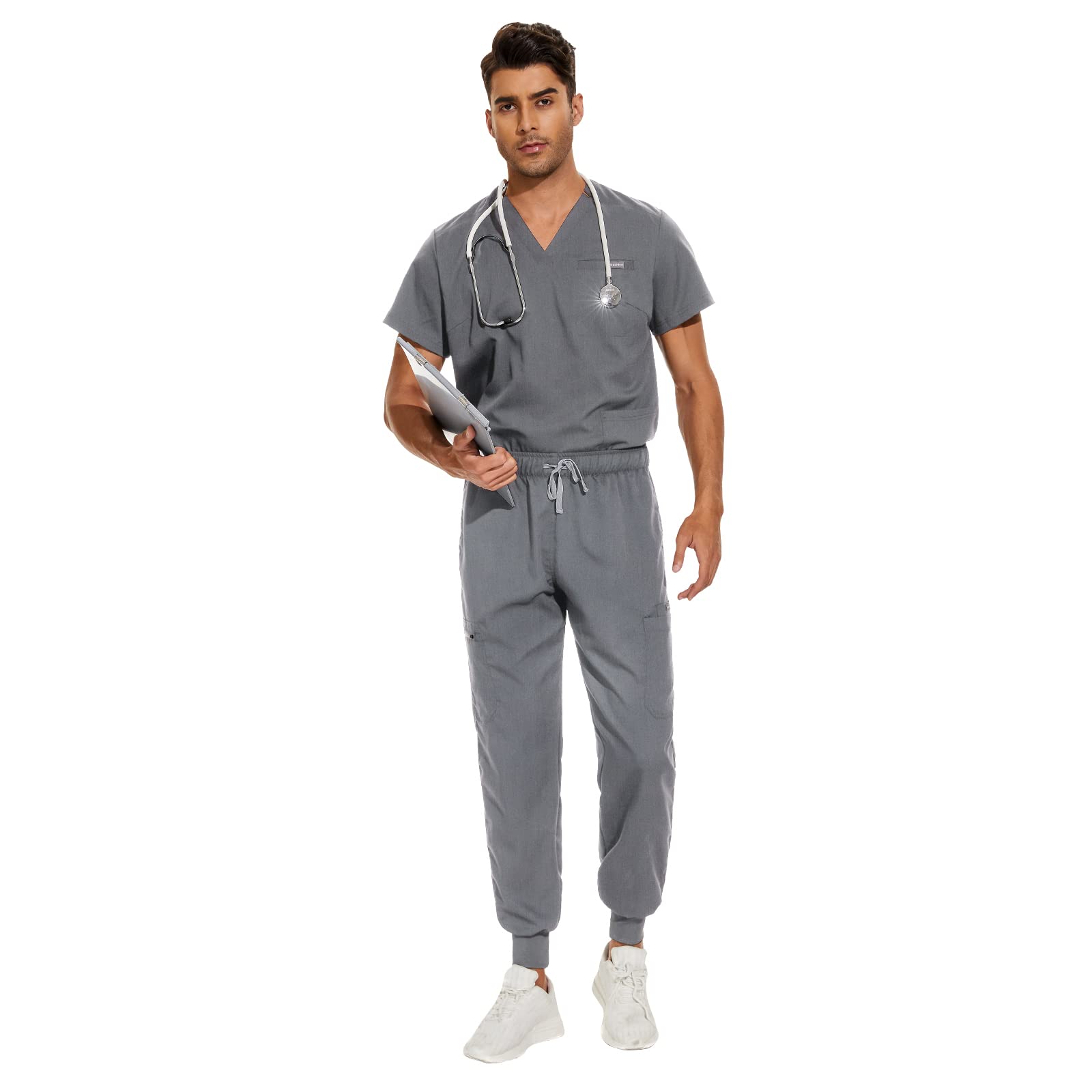 VIAOLI Scrubs for Men Set V-Neck Scrub Top & Jogger Pant 8 Pocket Cargo Botton Nursing Clearance Sets Medical Uniforms (Grey,XL,X-Large)