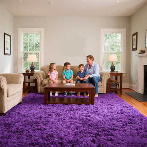 Purple Area Rugs for Girls Bedroom Living Room, 8x10 Fluffy Fuzzy Shaggy Carpet for Kids Playroom Nursery, Thick Soft Plush Mat for Kids Baby Boys Teen Dorm Home Decor Aesthetic