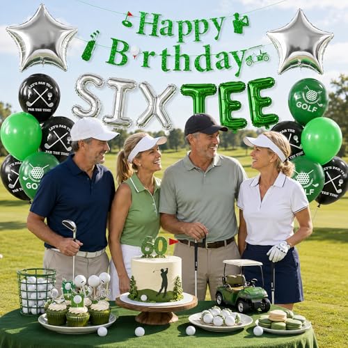 Image of 60th Golf Themed Birthday Decorations for Men 60th Party Decorations | Golf Print Balloons 60 Number Balloons Happy Birthday Banner SIX-TEE Banner 60 Foil Balloons
