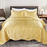 HESTIN Paisley Satin Quilt Set, 3-Piece King Bedding Set with Scalloped Edge, All-Season Lightweight Coverlet, 108x96 Inches, Gold