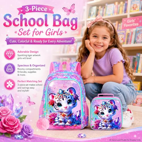 Image of 16 inch Tiger Backpack for Girls, 3Pcs Kids School Backpacks with Lunch Box, Bookbag for Elementary Preschool Kindergarten(Pink)